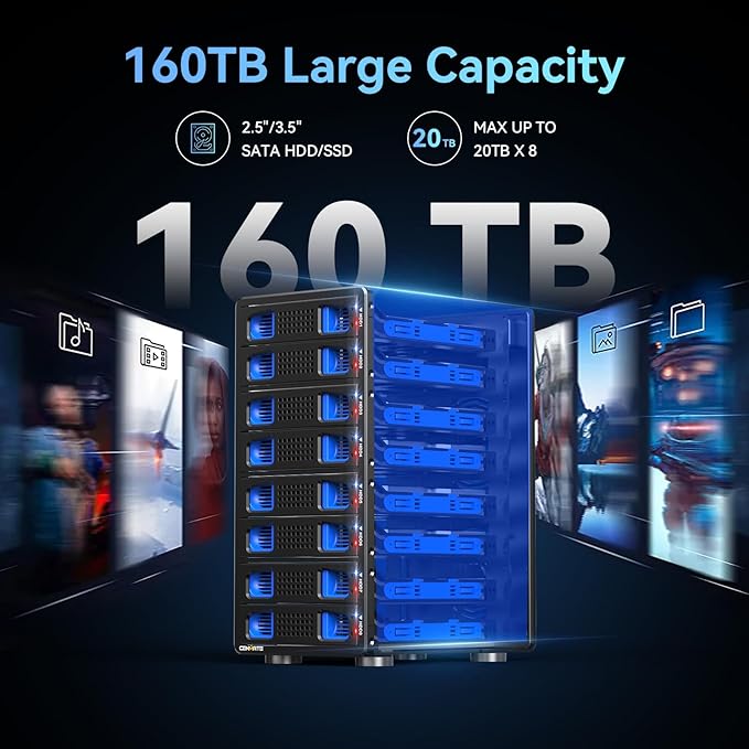 8 Bay Hard Drive Enclosure with Cooling Fan for 2.5/3.5" SATA HDD/SSD with USB A/C 3.0 Cable, 3.5 Hard Drive Enclosure Supports 160TB Capacity, Tool-Free HDD Enclosure, DAS(NO RAID/NAS)