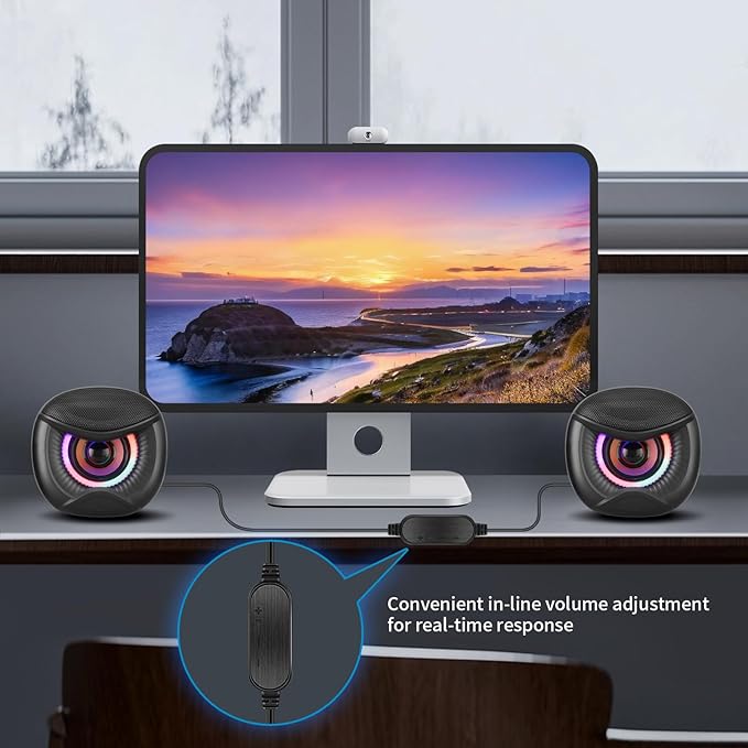 USB Powered Computer Speakers with RGB Colorful Lighting 2.0 Stereo Sound System, Headphone Jack, Plug and Play, Works with PC/Laptop (USB-C Adapter Included)