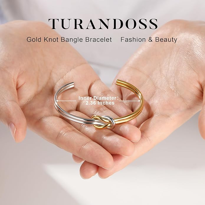 Turandoss Gold Knot Bangle Bracelets for Women - Dainty 18K Gold Plated Cuff Bangle Bracelets for Women Trendy Personalized Open Love Knot Bracelet Adjustable Cuff Bracelet Valentine Gifts for Her