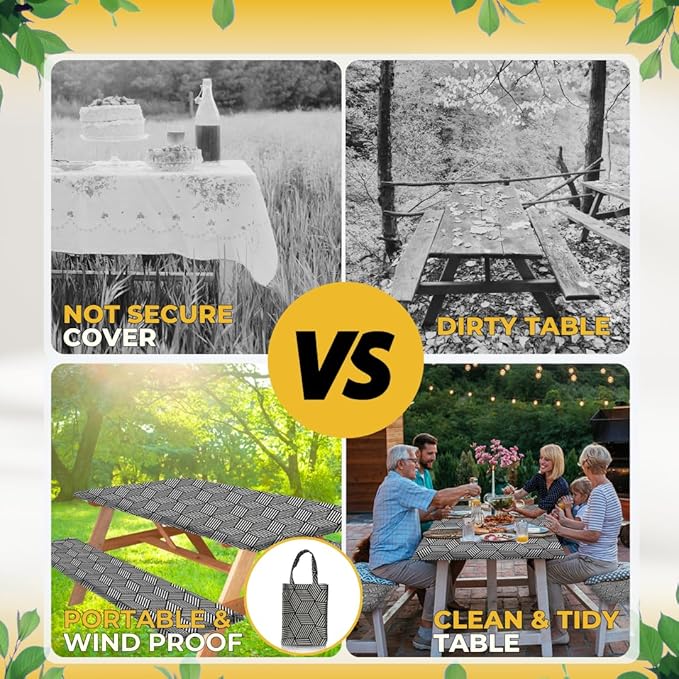 RNOONY 8ft Polyester Picnic Table Cover with Bench Covers Windproof & Waterproof Tablecloth, Perfect for Camping Gifts & RV Essentials, Cool Camping Gadgets, with Carrying Bag, 96x30 Inches, 4Pcs