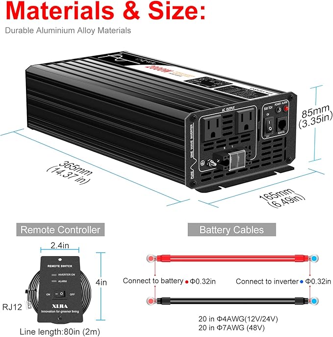 Xijia 2000W Pure Sine Wave Inverter DC 36v Inverter to 120v ac 60HZ Solar Converter for Home Use car (DC36V (Range 30V-45V) 2000W)