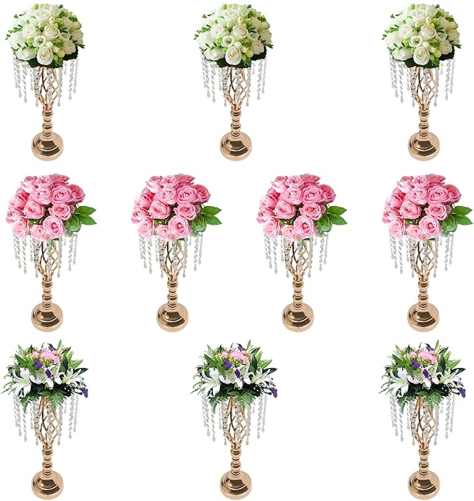 Wedding Centerpieces Gold Vases,10PCS Metal Flower Candle Holder with Sparkling Crystal Beads,Crystal Flower Vase Metal Flowers Stand for Party Tables Decorations (10PCS-Gold-14cm)