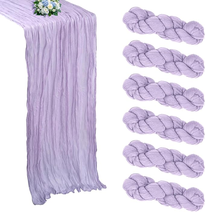 6 Pack Lavender Cheesecloth Table Runner 10FT Boho Cheese Cloths Gauze Fabric Table Runners 120 Inch Rustic Sheer for Wedding Birthday Party Baby Shower Centerpiece Home Decorations