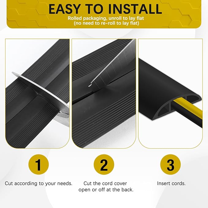 Floor Cord Cover 3.3FT Cord Covers for Wires on Floor Protect Wires & Prevent Trip Hazards, Easy to Cut for Home, Office, School, Concerts, Cavity W0.6in x H0.32in
