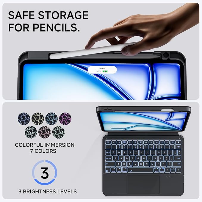 ONLY fit for iPad 12.9 inch Pro 6/5/4/3rd Gen & 13 inch iPad Air (2025 M3, 2024 M2) Case with Detachable Keyboard Trackpad, 360 Rotate Cover Pencil Holder 12 Shortcut Key 7 Color Backlit, Black