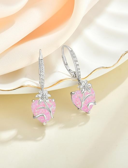 YL Heart Dangle Earrings for Women Sterling Silver Lily Flower Leverback Earrings Created Opal Flower Jewelry