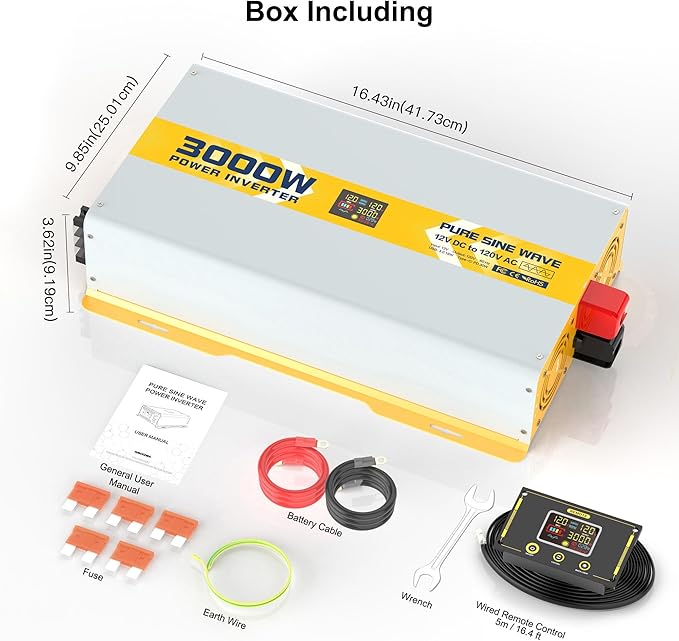 XWJNE 3000W Pure Sine Wave Power Inverter 12V DC to 120V GFCI AC Converter with LCD Display and Remote for Home, RV, Truck, Off-Grid Solar Power