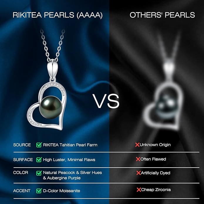 Genuine Tahitian Black Pearl Necklaces for Women, 9-12mm AAAA Seawater Pearl - Sterling Silver Moissanite Pendant, Wedding Anniversary, Birthday, Christmas Gift for Wife, Mom, Girlfriend, Fine Jewelry