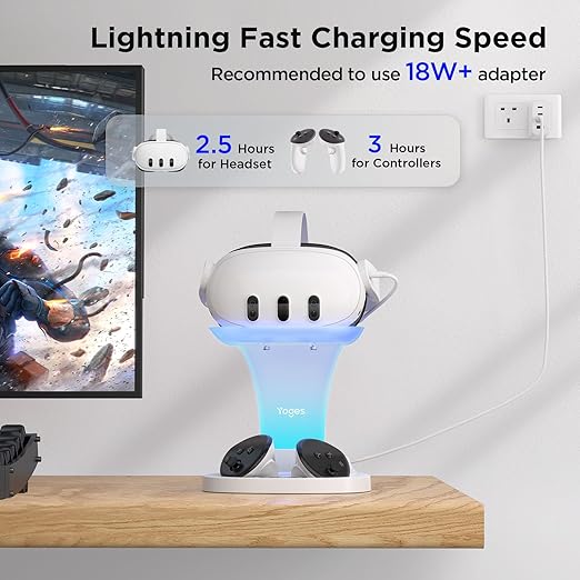 YOGES Charging Dock for Meta Quest 3S, Quest 3 Fast Charging Station with 2 Rechargeable Batteries kit, VR Heatset Charging Stand Dock for Oculus Quest 3/ Quest 3S Accessories, Support Elite Strap