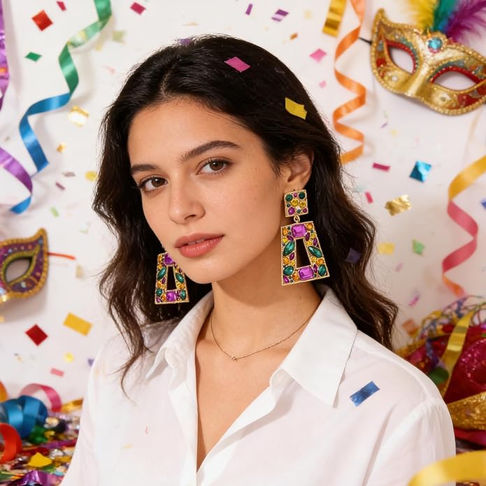 Rhinestone Rectangle Statement Earrings Colorful Crystal Geometric Drop Dangle Earrings for Women Prom Party