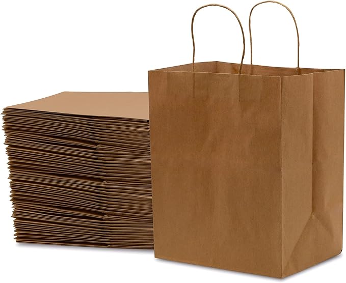 Prime Line Packaging Brown Paper Bags, Medium Shopping Bags with Handles for Small Business, To Go Food, Grocery, Retail, Party Favors, 10x6.75x12, 50 Pack
