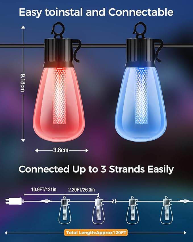 litogo 120FT Color Changing Outdoor String Lights with Remote - Dimmable LED RGB Patio Lights for Outside with Shatterproof Waterproof Edison Bulbs for Yard Gazebo Party Wedding Holiday