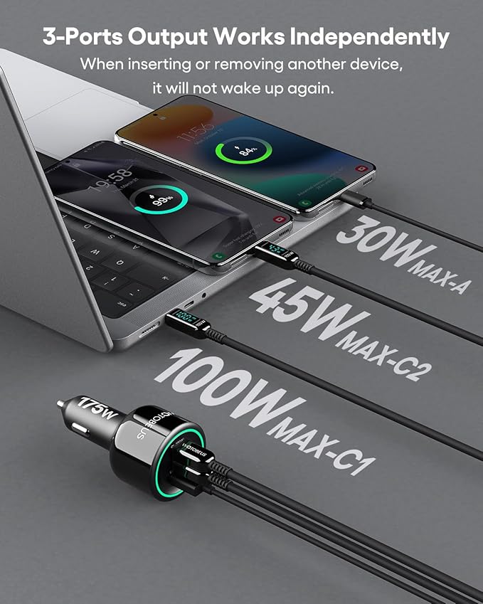WOTOBEUS 175W Car Charger Dual USB C Adapter: PD 100W & PPS 45W - Super Fast Charging for iPhone 15/14 Max, MacBook Air, iPad Pro, Samsung Galaxy S24/S23 Ultra, Pixel & More Type C Laptops, Grey
