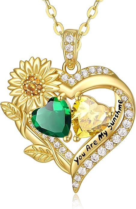 Sunflower Heart Necklace for Women 14K Gold Exquisite Valentines Day Anniversary Birthday Gifts for Wife Mother Her Double Birthstone Pendant Jewelry‘You Are My Sunshine’