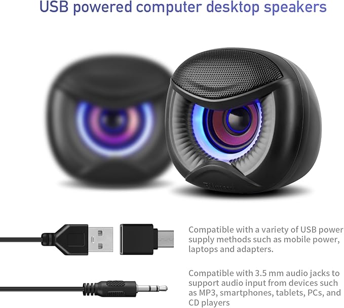 USB Powered Computer Speakers with RGB Blue Lighting 2.0 Stereo Sound System, Headphone Jack, Plug and Play, Works with PC/Laptop (USB-C Adapter Included)