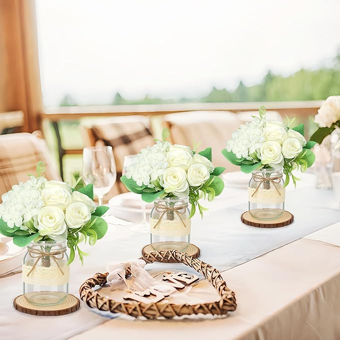 Set 10 Mason Jar Table Centerpiece - Wedding Centerpieces for Tables, Mason Jar Flower Centerpiece Vases Decor- Boho Farmhouse Rustic for Engagement, Bridal Shower, Wedding, Versatile Decor (White)