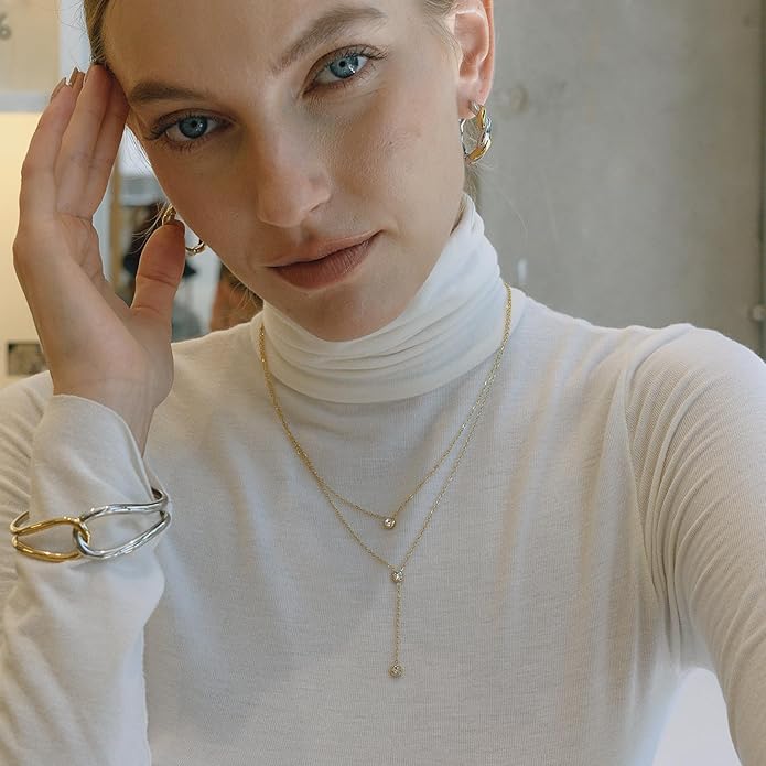 Fullpop Dainty Gold Necklaces for Women, 18k Gold Layered Lariat Necklace for Women Long Gold Choker Necklaces for Women Statement Diamond Heart Pendant Necklace Body Chain Jewelry for Women