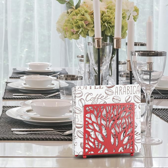 Farmhouse Red Napkin Holder for Tabletop Decor and Kitchen, Metal Table Napkin Holder Stand for Home Restaurant Picnic Party