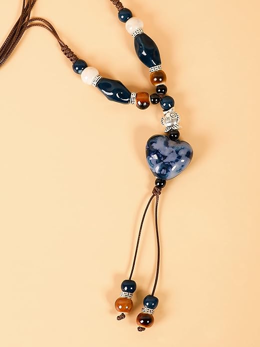 MINACHI Boho Hippie Colorful Ceramic Heart Bead Strand Necklace, Bohemian Summer Statement Jewelry Gift for Women