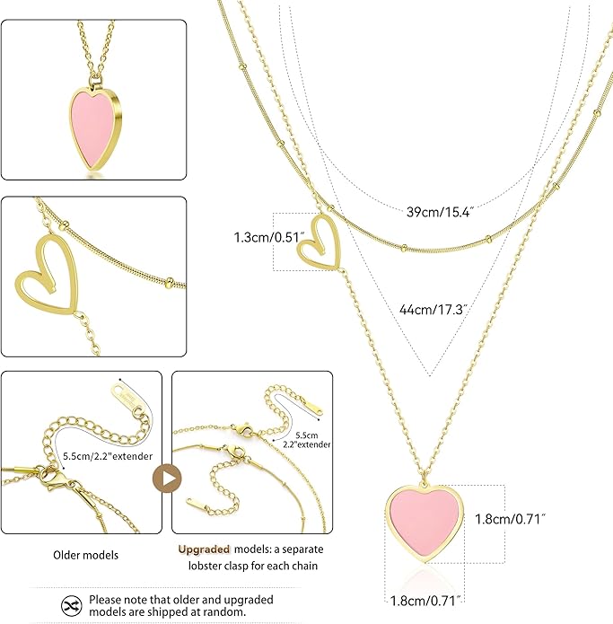 Linawe Layered Choker Heart Pendant Necklace for Women Trendy, Gold/Silver/Rose Gold Chain Stainless Steel Stacked Necklaces, Double Heart Necklace Y2K Preppy Jewelry