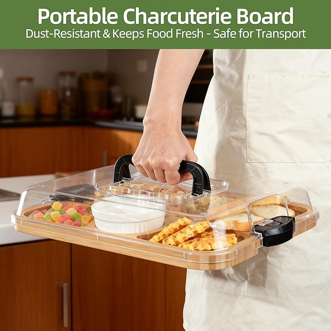 YANG Charcuterie Board with Lid, Divided Bamboo Serving Tray with Handle & Locking Lid, Portable Serving Platter for Party Outdoor Picnics Camping Gift Ready (6 Compartments,Rectangular)