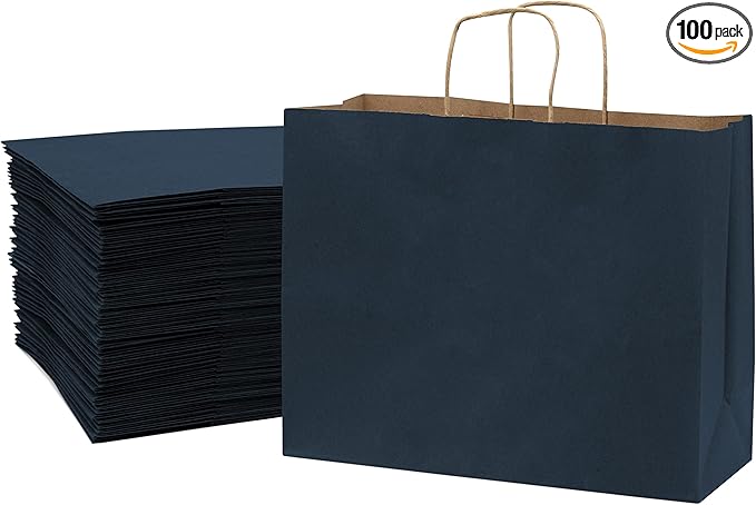 Prime Line Packaging Paper Gift Bags, Navy Blue Kraft Paper Bags with Handles, Shopping Bags for Small Business, Retail Use, Birthday Parties, Restaurants, Take-Out, Merchandise, Bulk, 16x6x12, 100 Pack