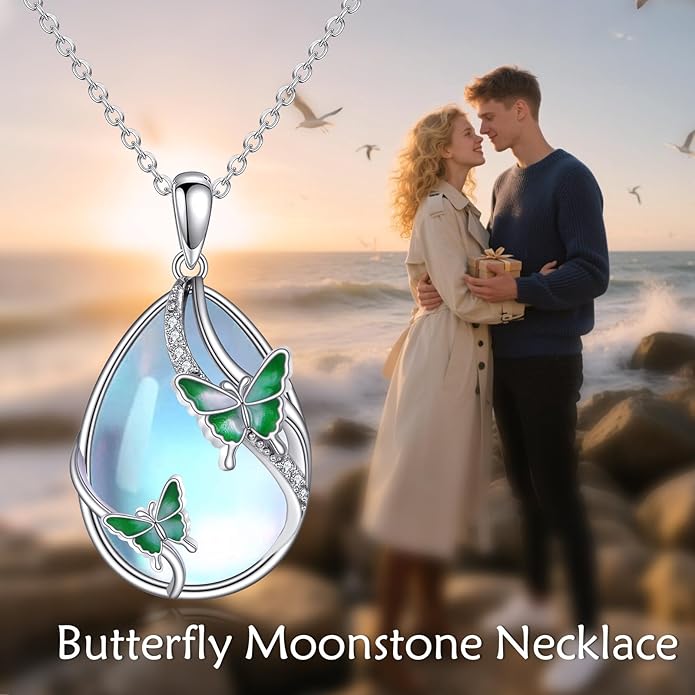 KQF Dragonfly/Butterlfy/Cat/Jellyfish/Bunny/Axolotl/Bee/Mermaid/Hummingbird/Elephant Necklace for Women Sterling Silver Moonstone Pendant Necklace Dragonfly Jewelry Gifts for Women