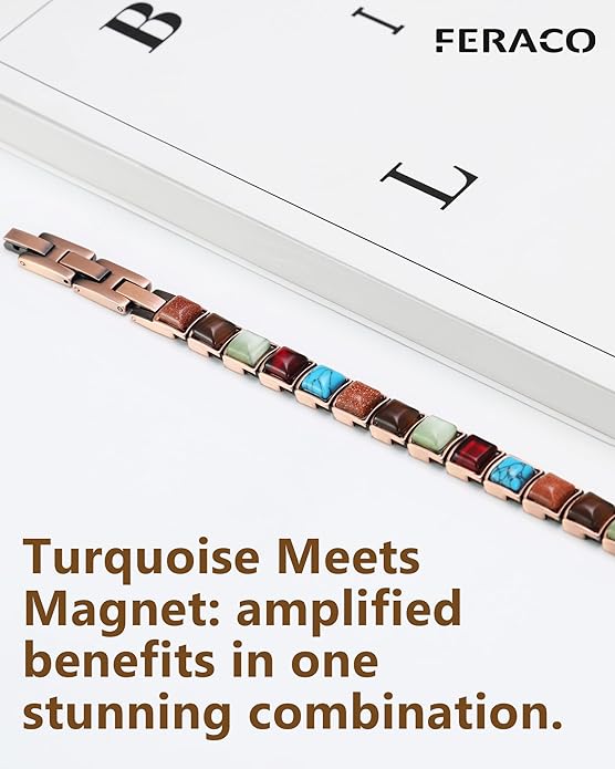 Feraco Pure Copper Bracelets for Women, Ultra Strength Magnetic Bracelet with 3800 Gauss Magnets & Natural Turquoise & Stones, Adjustable, Jewelry Gift