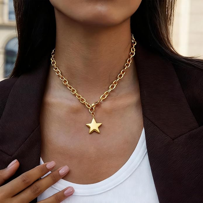 Large Star Necklace Chunky Gold Necklace for Women Trendy Silver Big Statement Necklaces Bold Thick Paperclip Necklaces OT Toggle Chunky Jewelry Holiday Christmas Jewelry Gifts Stocking Stuffers