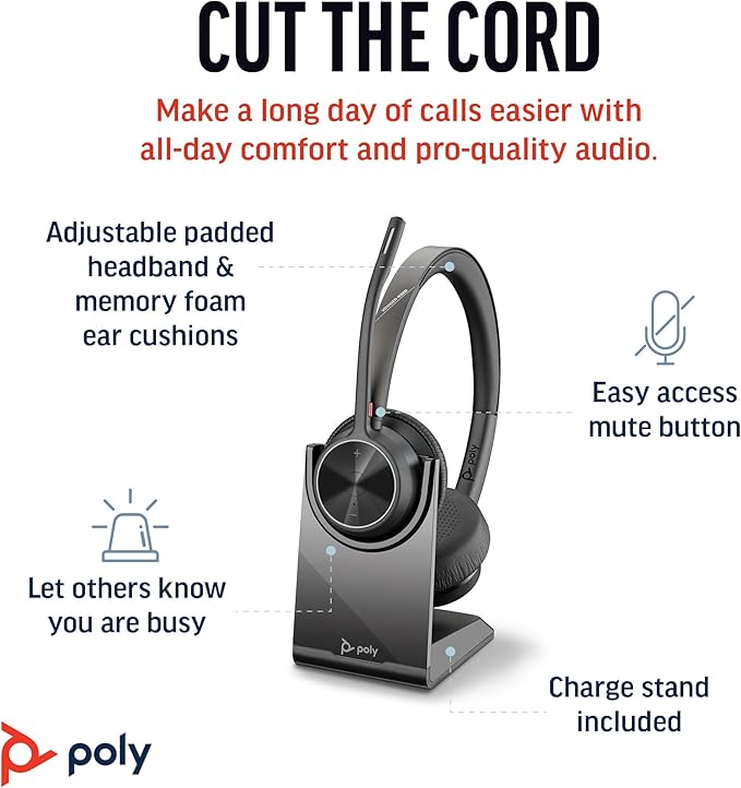 Poly Voyager 4320 UC Wireless Headset & Charge Stand (Plantronics) - Stereo Headphones w/Noise-Canceling Boom Mic - Connect PC/Mac/Mobile via Bluetooth - Works w/Teams, Zoom, & More - Amazon Exclusive