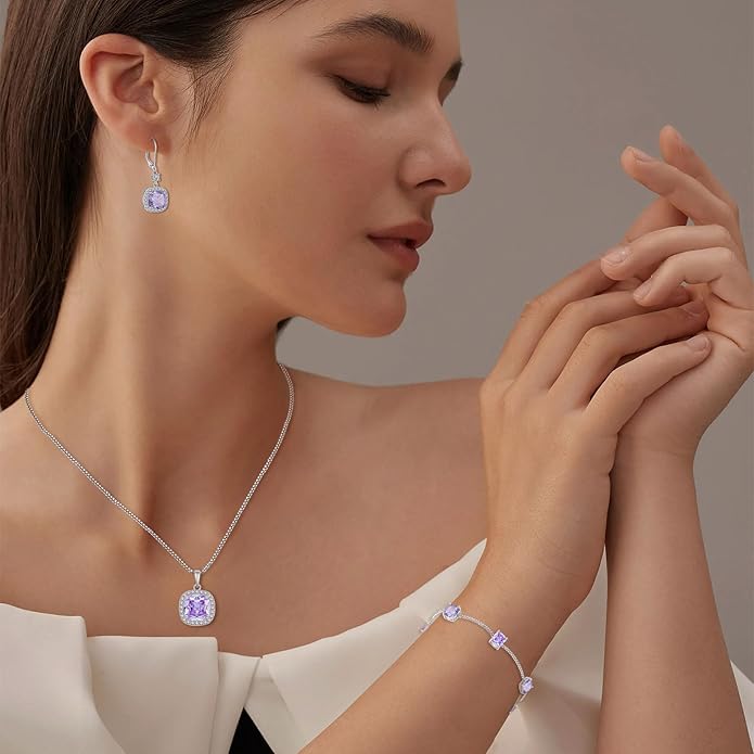 Princess Cut Jewelry Set 925 Sterling Silver Alexandrite Earrings Dangle Drop Leverback June Birthstone Necklace and Bracelet Jewelry Gifts for Women