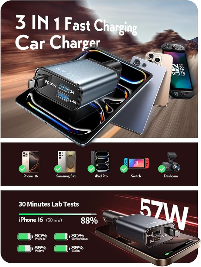 LISEN iPhone 16/15 Car Charger USB C Fast Charging Retractable,【60% Less Space,Mini】 57W Fast iPhone 16/15 USBC Type C Charger for 17 iPhone 16 15 Pro Max Plus，Samsung Galaxy S25/24 Z，Android