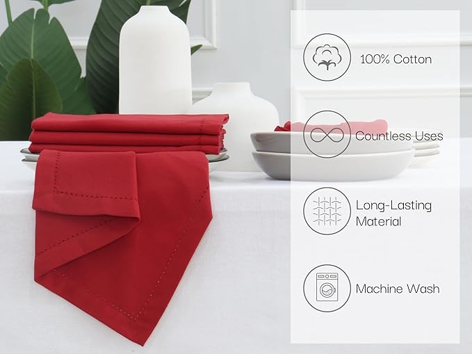 PurpleEssences Set of 12 Hemstitch Cloth Dinner Napkins 100% Cotton - Soft Durable Washable - Ideal for Wedding Fall Thanksgiving - Perfect Everyday Use Table Linen 18x18 - Red