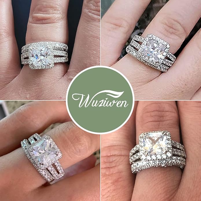 Wuziwen Princess Cut Engagement Rings for Women Sterling Silver Cubic Zirconia Wedding Bridal Ring Set