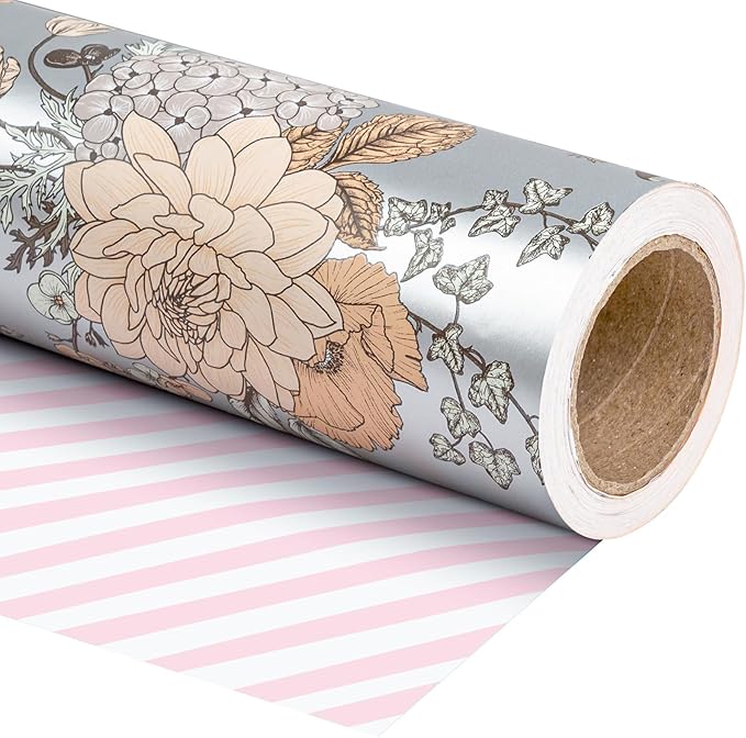WRAPAHOLIC Reversible Floral Wrapping Paper - Mini Roll - 17 Inch X 33 Feet - Pearlized Silver Vintage Floral Wedding Wrapping Paper for Birthday, Bridal Shower, Baby Shower