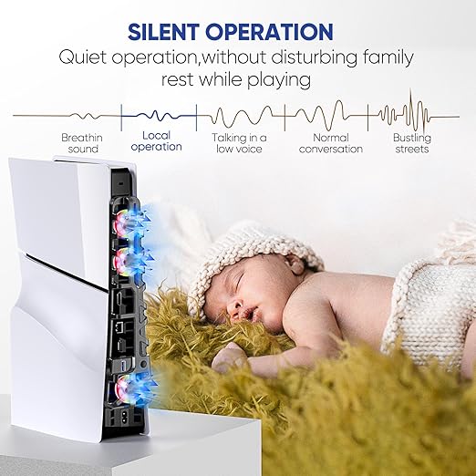 RGB PS5 Slim Light Cooling Fan, Temperature Controlled Fan Speed, Smart Memory Start-Stop Function, USB 3.0 Hub, Efficient Quiet Fan for PS 5 Slim Disc & Digital