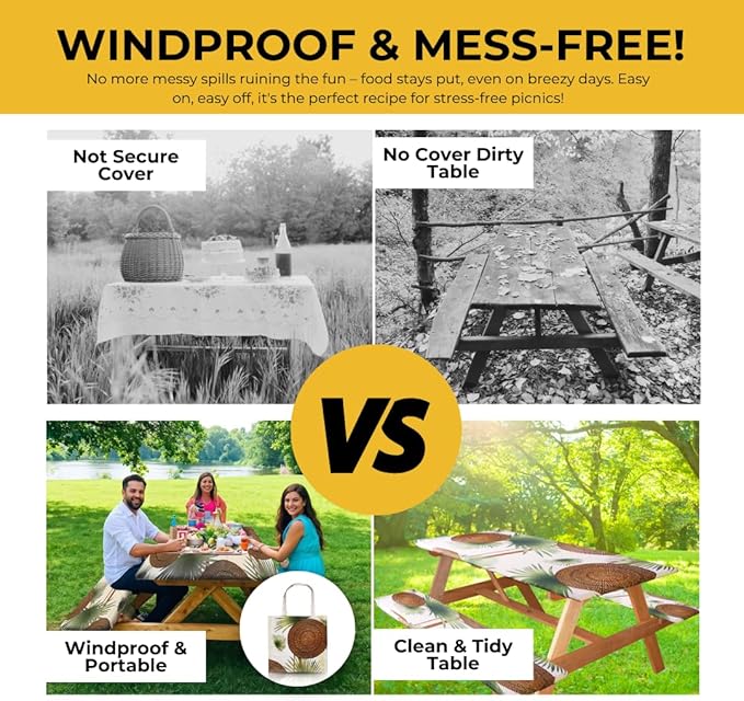 RNOONY 6ft Polyester Picnic Table Cover with Bench Covers Windproof & Waterproof Tablecloth, Perfect for Camping Gifts & RV Essentials, Cool Camping Gadgets with Carrying Bag 72x30 Inches 4Pcs Tree
