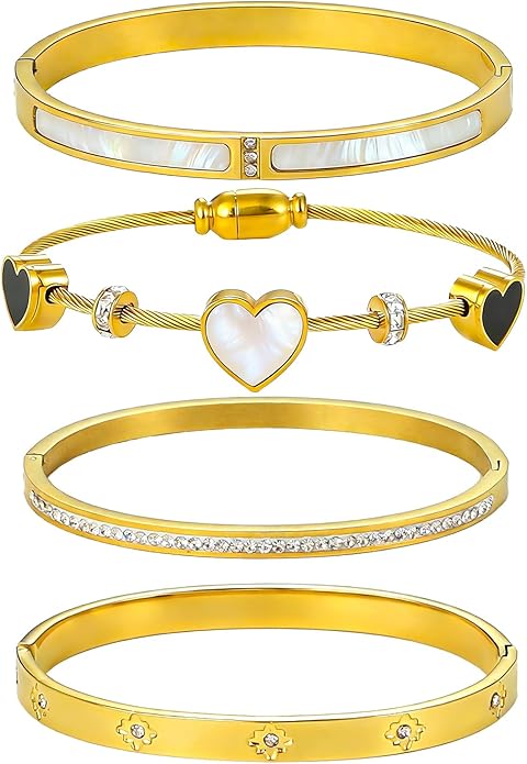 ZhiRui Women's 18K Gold Plated Stackable Bracelet Set - Waterproof Mother of Pearl Heart Cubic Zirconia Jewelry Gifts for Women