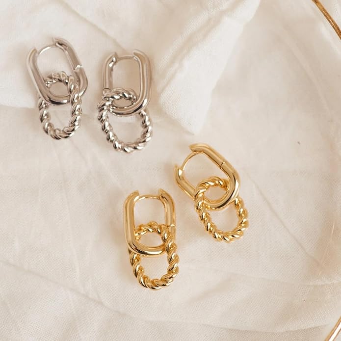 CAITLYNMINIMALIST 18K Gold Sterling Silver Double Link Drop Pave Duo Hoop Huggie Earrings Bold Jewelry for Women