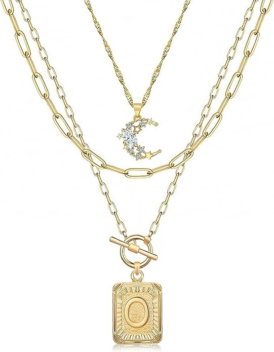 MJartoria Layered Initial Necklaces for Women Trendy, 14K Gold Plated Brass Simple Moon Choker Square Letter Pendant Necklace, Paperclip Chain Necklaces Jewelry Gifts