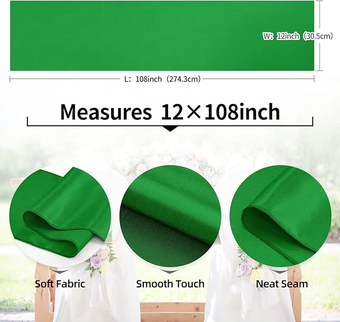 5 Pack Emerald Satin Table Runner 12 x 108 Inch Long Table Runner for Wedding,Birthday Party and Banquet Decoration,Silk Satin Fabric Spring Party Chair Sashes