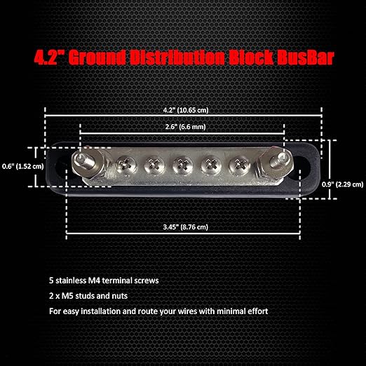 2 x #10 (M5) Studs Power Distribution Block with 5 x #8 (M4) Screws, Ampper 4.2" Bus Bar 12V Power Distribution Terminal Block Battery Busbar for Car Audio Solar (Black)