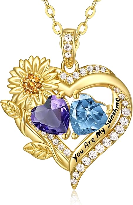 Sunflower Heart Necklace for Women 14K Gold Exquisite Valentines Day Anniversary Birthday Gifts for Wife Mother Her Double Birthstone Pendant Jewelry‘You Are My Sunshine’