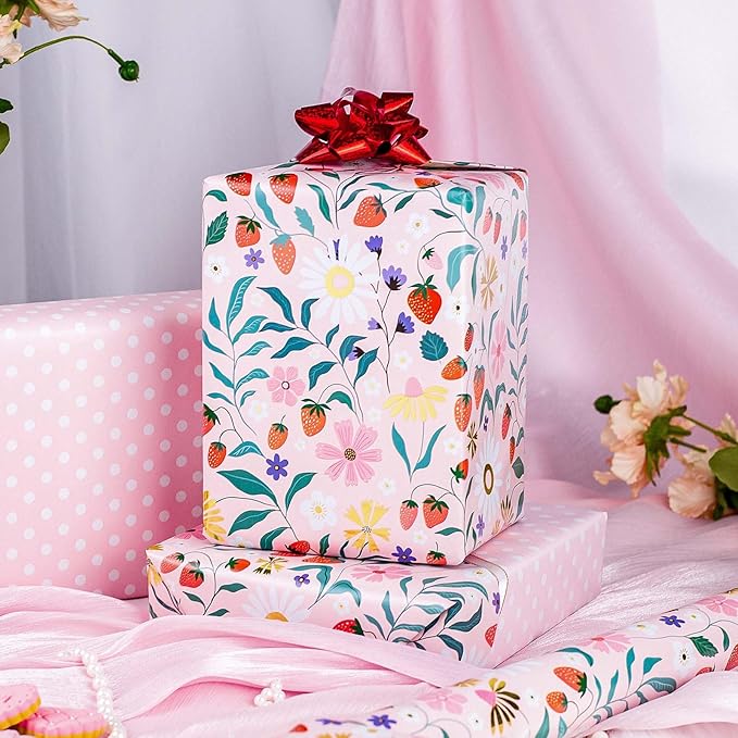 MAYPLUSS Strawberry Wrapping Paper Roll, Pink Floral Gift Wrap for Mothers Day, Wedding, Bridal Shower, Birthday, 17 Inch x 33 Feet