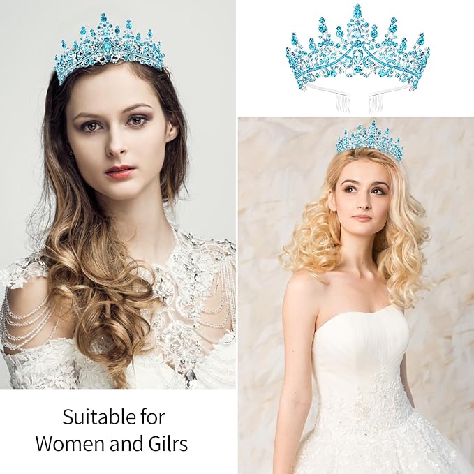 Velscrun Blue Crystal Birthday Queen Tiara Crown for Women Girls Birthday Queen Headband Sash Elegant Princess Crown with Combs Hair Accessories Happy Birth Party Decorations Mom Birth Gift