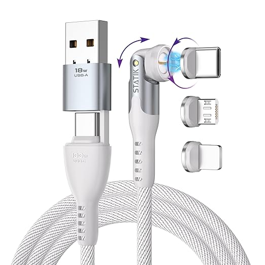 Statik 360 Pro Magnetic Charging Cable - Type C Charger Fast Charging 3 in 1 USB C to USB C Cable, Micro USB & iProduct Tips, USB A Adapter, Compatible w/All Devices - 100W Fast Charger, White 6FT/2M