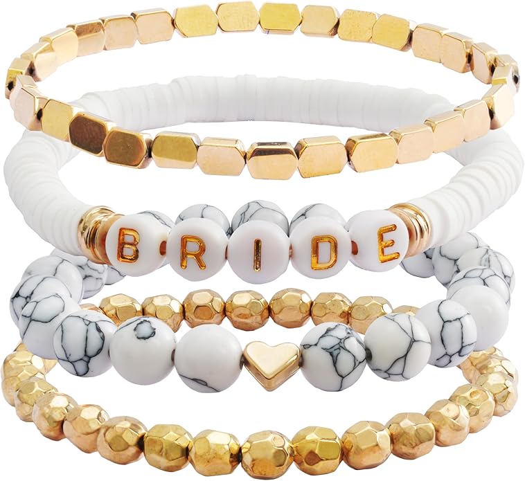 Bride Beaded Bracelet, Weeding Clay Bracelets for Women Stackable Gold Plated, Stretch Bracelets Elastic Layering Friendship Set Boho Jewelry, Gift for Family, Friends