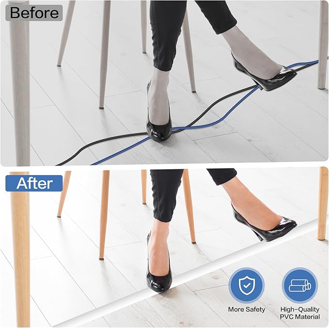 Floor Cord Cover Self Adhesive Cord Hider Floor Extension Cord Covers for Floor Power Cord Protector Cable Management Prevent Cable Trips Cable Cavity 0.51" W x 0.31" H (White, 20Ft)