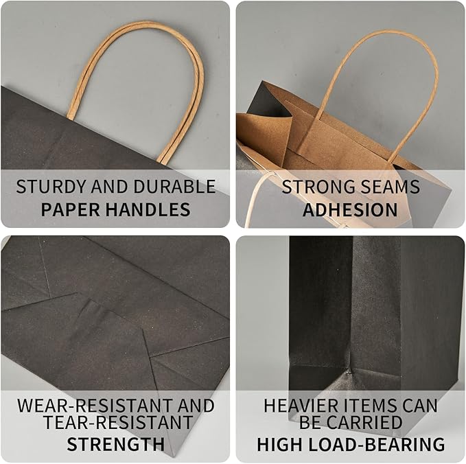 METAPRINT 100 Pcs Paper Gift Bags 8x4.5x10.8 Inch Black Kraft Bag with Handles Bulk for Birthday Wedding Party Favor Bags, Paper Shopping Bags