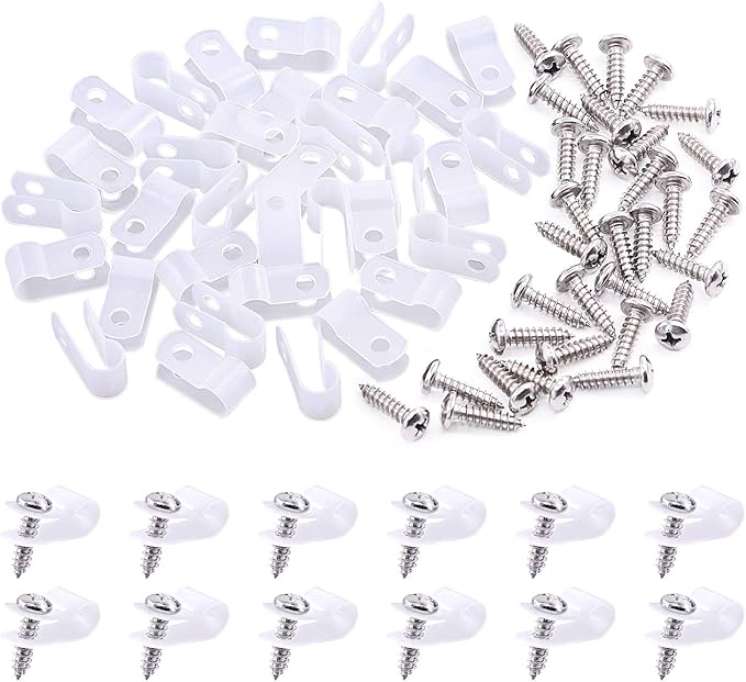 Swpeet 120 Pack White 1/4 Inch Nylon Plastic R-Type Cable Clips Clamp Kit, Nylon Screw Mounting Cord Fastener Clips with 120 Pack Screws for Wire Management (1/4 Inch, White)